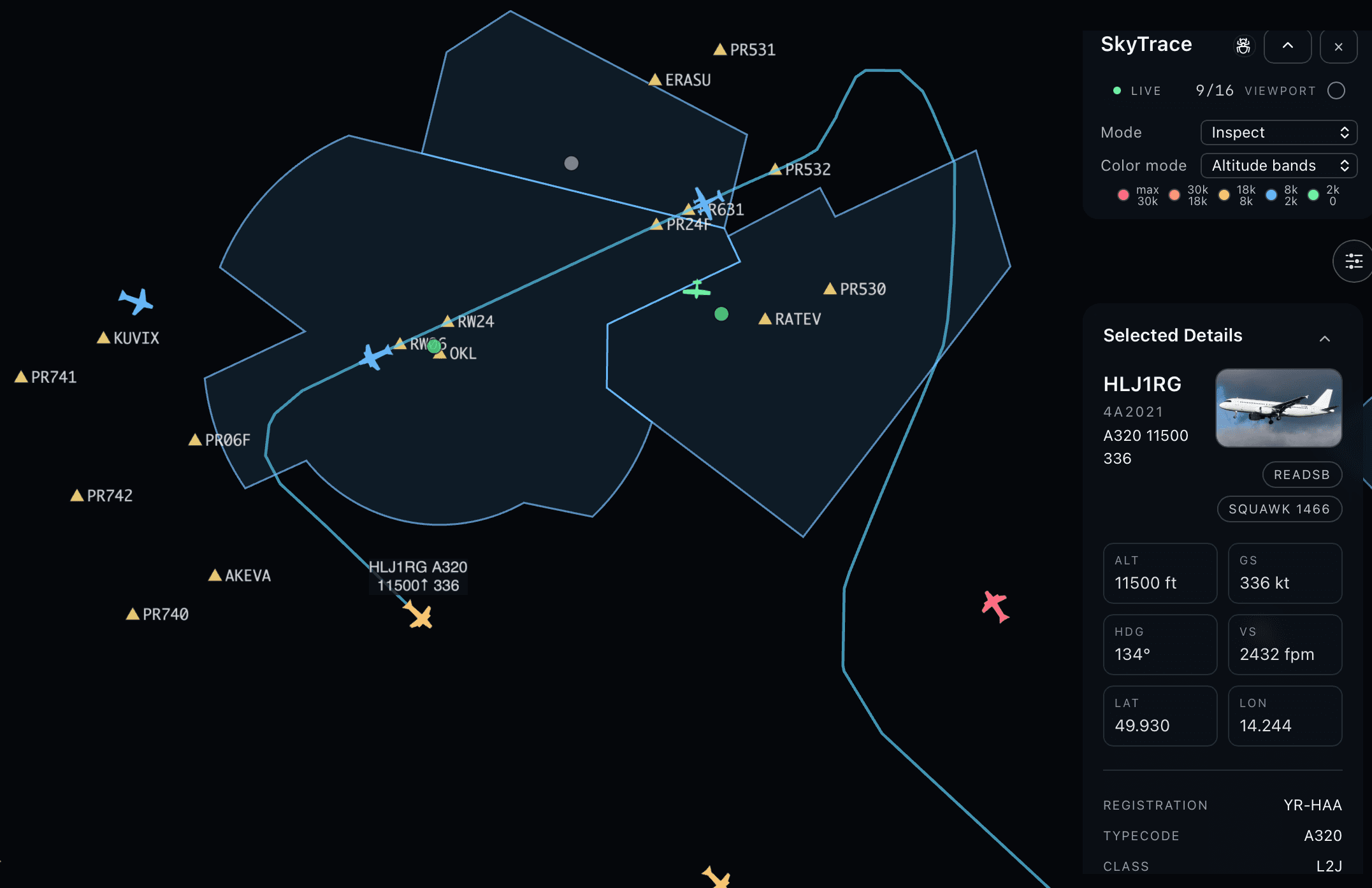 SkyTrace product surface with selected aircraft detail, overlays, and live traffic context.